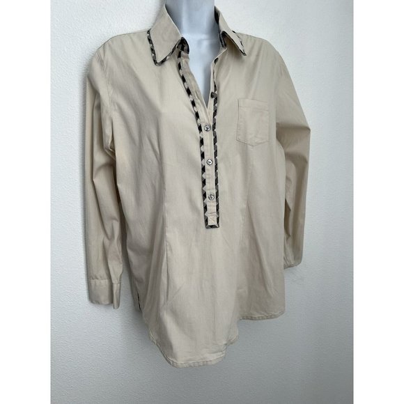 Foxcroft Womens Size 10 Top Blouse Tan Black Gingham Trim Fall Career Excellent - Picture 1 of 7